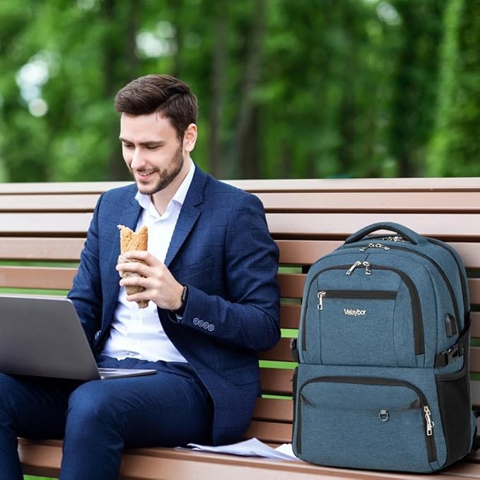 Insulated Lunch Backpack Fit 17" Laptop, Work Backpack with Lunch Box & USB Charging Port for Men & Women, Water Resistant College Computer Bag for Travel, Business, Hiking (Blue)