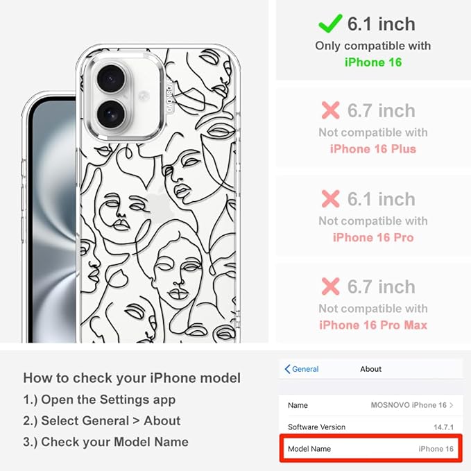 MOSNOVO Case for iPhone 16, [Buffertech 6.6ft Military-Grade Drop Protection] [Anti Peel Off Tech] Clear TPU Bumper Phone Case Cover Design - Abstract Face Line Art
