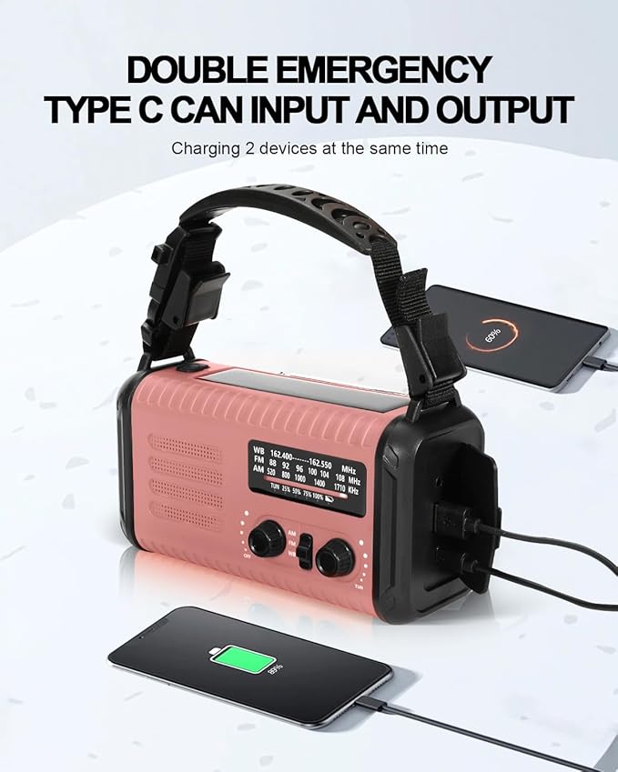 Emergency Crank Radio, 20000mAh / 74000mWh Solar Hand Crank Weather Radio with NOAA/AM/FM, Battery Powered Radio with Cell Phone Charger, Reading Lamp, Flashlight & SOS for Emergencies/Home (Pink)