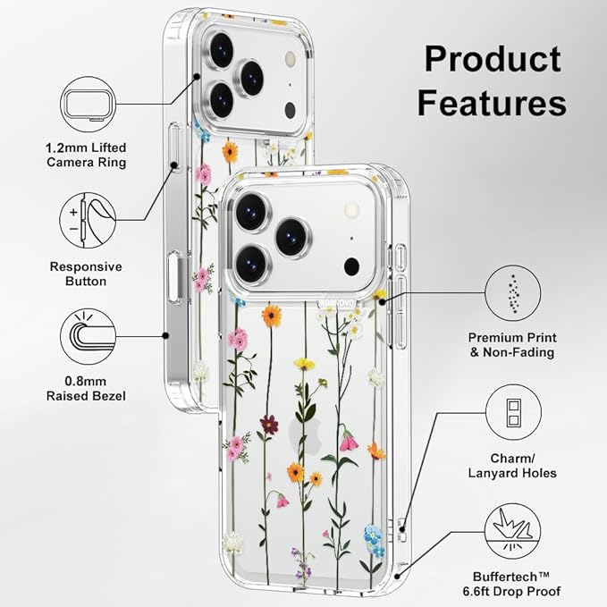MOSNOVO for iPhone 17 Pro Case | Military Grade 6.6ft Drop Tested | Camera Control | Clear with Wildflowers Design
