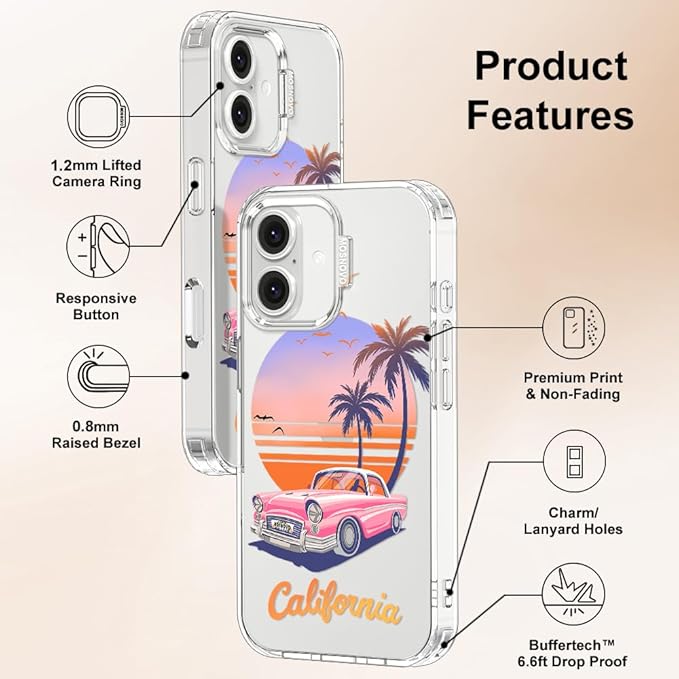 MOSNOVO for iPhone 16 Plus Case, Shockproof Military-Grade Protection 6.6ft Drop Tested, Clear Phone Case for iPhone 16 Plus, Cali Cruise Design