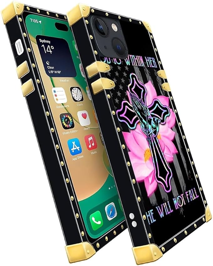 Compatible with iPhone 14 Case, Praying Cross Hands Luxury Golden Decoration for Girl Women Soft TPU Shockproof Protective Hard PC Back for iPhone 14