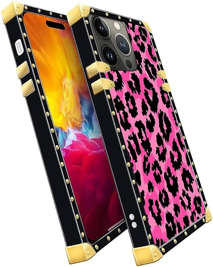 Compatible with iPhone 15 Pro Max Case, Pink Black Leopard Luxury Golden Decoration for Girl Women Soft TPU Shockproof Protective Hard PC Back for iPhone 15 Pro Max