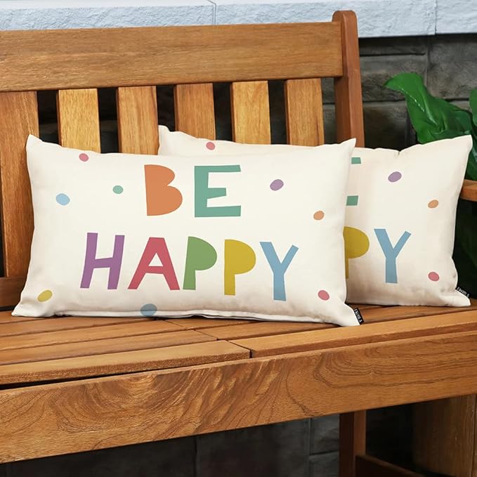 EKOBLA Be Happy Home Decorative Rectangle Pillow Cases Colorful Dots Cheerful Typography Lumbar Cotton Linen Throw Pillow Covers Cushion Case Rectangle Oblong 12x20 Inches