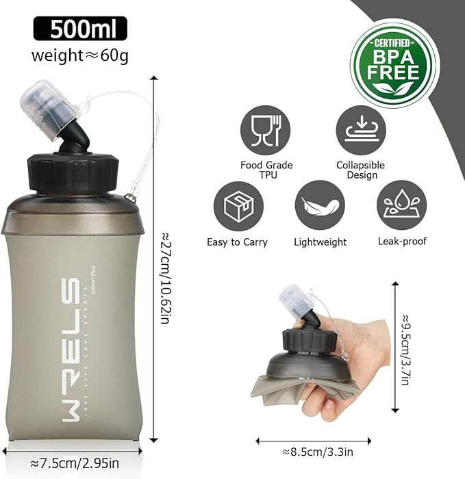 WRELS 350ml/500ml TPU Soft Water Bottles BPA Free Collapsible Soft Flask with Widen Mouth for Running Vest Lightweight Foldable Water Bottle for Running Marathon Trail Hiking