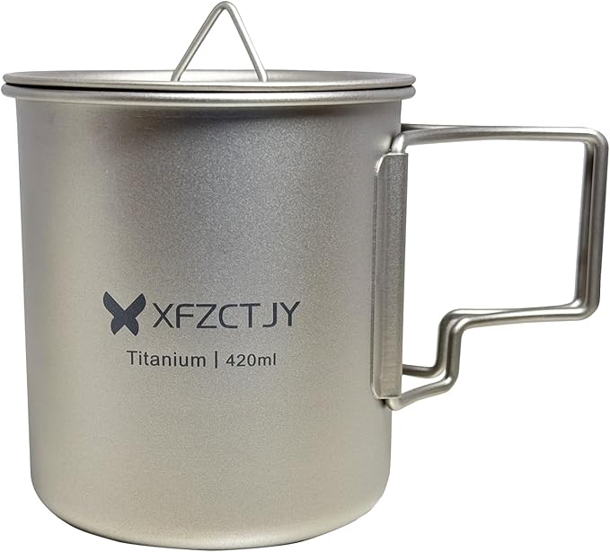 420ml Ultralight Titanium Tea Cup Coffee Mug With Lid Foldable Handle for Backpacking, Hiking Mountaineering
