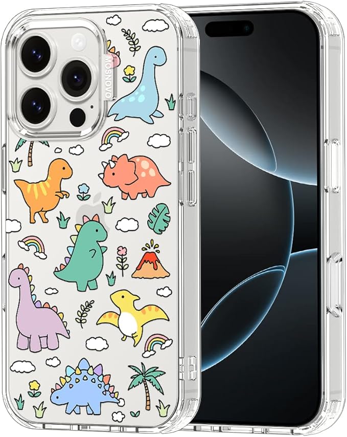 MOSNOVO Case for iPhone 16 Pro, [Buffertech 6.6ft Military-Grade Drop Protection] [Anti Peel Off Tech] Clear TPU Bumper Phone Case Cover Design - Dinosaur Land