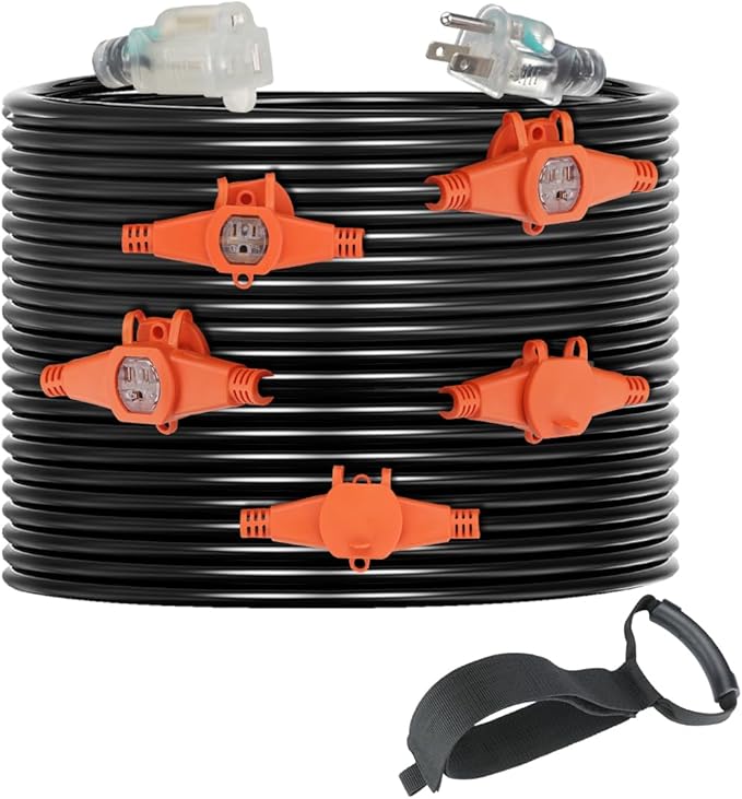 30 FT Outdoor Extension Cord with Multiple Outlets, Evenly Spaced 6 Outlets Plugs with Safety Cover, 16/3 SJTW Weatherproof Multiple Outlets Wire for Landscape/Christmas Tree Lights,ETL Listed, Black