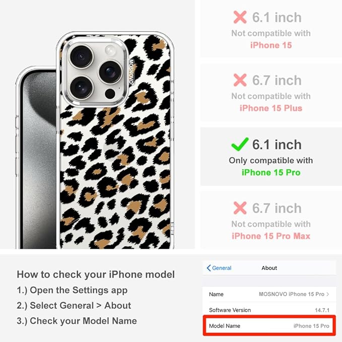 MOSNOVO Case for iPhone 15 Pro, [Buffertech 6.6ft Military-Grade Drop Protection] [Anti Peel Off Tech] Clear TPU Bumper Phone Case Cover Design - Leopard Print