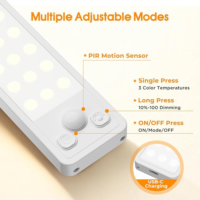 Under Cabinet Rechargeable Dimmable Lighting: 3 Color Temperature Motion Sensor Lights Indoor - Battery Operated Lights - Activated Closet Magnetic Wireless Led Light for Kitchen Home Bathroom 6 Pack