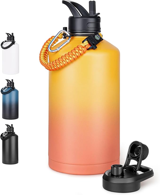 Fijinhom Gallon Water Bottle with 2 Lids (Straw & Spout), 304 Stainless Steel Water Jug with Handle and Wide Mouth, 1 Gallon Vacuum Double Walled Jug for Sports, Outdoors, Yellow&Orange 128 oz
