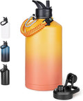 Fijinhom Gallon Water Bottle with 2 Lids (Straw & Spout), 304 Stainless Steel Water Jug with Handle and Wide Mouth, 1 Gallon Vacuum Double Walled Jug for Sports, Outdoors, Yellow&Orange 128 oz