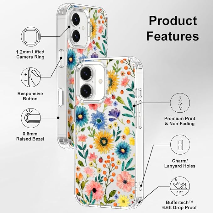 MOSNOVO for iPhone 17 Case, Shockproof Military-Grade Protection 6.6ft Drop Tested, Camera Control, Clear Phone Case for iPhone 17, Wildflower Bloom Design