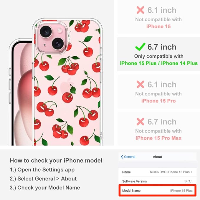 MOSNOVO Case for iPhone 15 Plus/iPhone 14 Plus, [Buffertech 6.6ft Military-Grade Drop Protection] [Anti Peel Off Tech] Clear TPU Bumper Phone Case Cover Design - Cute Cherry