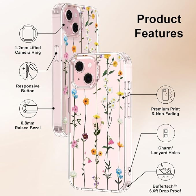 MOSNOVO Case for iPhone 15, [Buffertech 6.6ft Military-Grade Drop Protection] [Anti Peel Off Tech] Clear TPU Bumper Phone Case Cover Design - Wildflowers