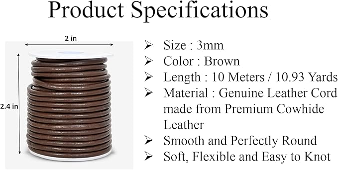 GENIQUE Real/Genuine Round Leather String Cord for Necklace, Bracelets, Jewelry, Kumihimo Braiding, DIY Projects (10 Metres) (3mm, Brown)