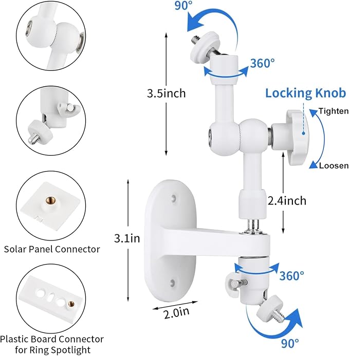 2-in-1 Wall Mount for Ring Solar Panel (2W/4W) & Stick Up Cam Battery, Ring Spotlight Cam Plus/Pro (Battery), Adjustable Angle for Optimal Outdoor Sunlight Exposure, White