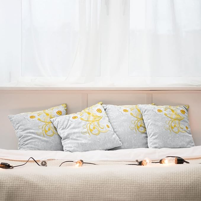 Ambesonne Daffodil Throw Pillow Cushion Case Pack of 4, Daffodils on Ornate Background Floral Repeating Swirling Curves Spring Pattern, Modern Accent Double-Sided Digital Printing, 18", Grey Yellow