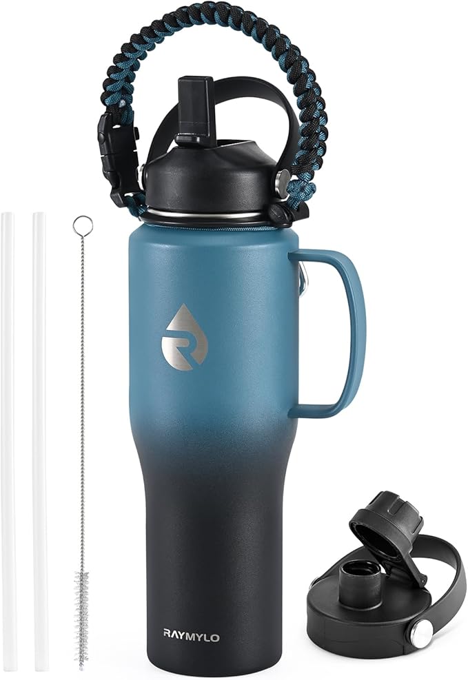 RAYMYLO 32oz Stainless Steel Water Bottle (Cold for 48 Hrs, Hot for 24 Hrs), Triple Wall Vacuum Insulated Water Bottle with Straw Lid, Spout Lid and Paracord Handle, Leakproof, Fit in Any Car Cup
