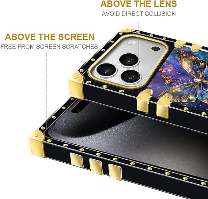 for iPhone 17 Pro Max Case Luxury Golden Decoration for Girl Women Soft TPU Shockproof Protective Hard PC Back Crazy Pattern Glistening Golden Butterfly Vibrant Purple Blue