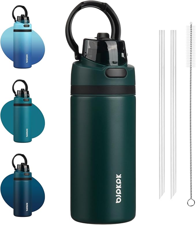 BJPKPK 17oz Insulated Water Bottle with 2-1 Straw Spout Lid, Stainless Steel Metal Water Bottles with Carry Handle, BPA Free, Leak-Proof, Fits in Car Cup Holder, Thermo for Sports,Army Green