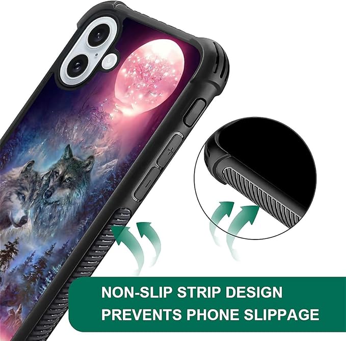 for iPhone 16 Plus Case, Star Two Wolfs Howling Pattern Graphic Design Girl Boy Soft Silicone Hard Acrylic Shock Protection for iPhone 16 Plus