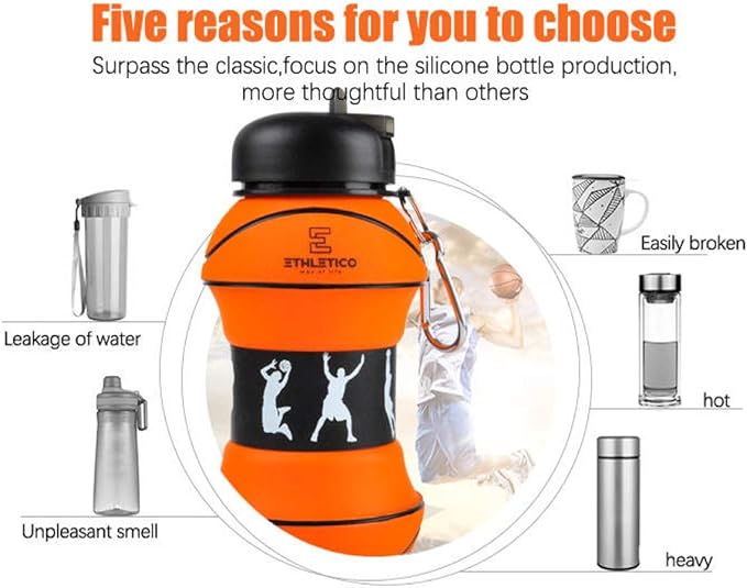 Collapsible Water Bottles with Carabiner Food Grade Sports Water Bottle for Gift Kids Folding Water Bottle for Hiking, School, GYM, Sports and Travelling 19 Oz/550ml (Basketball)