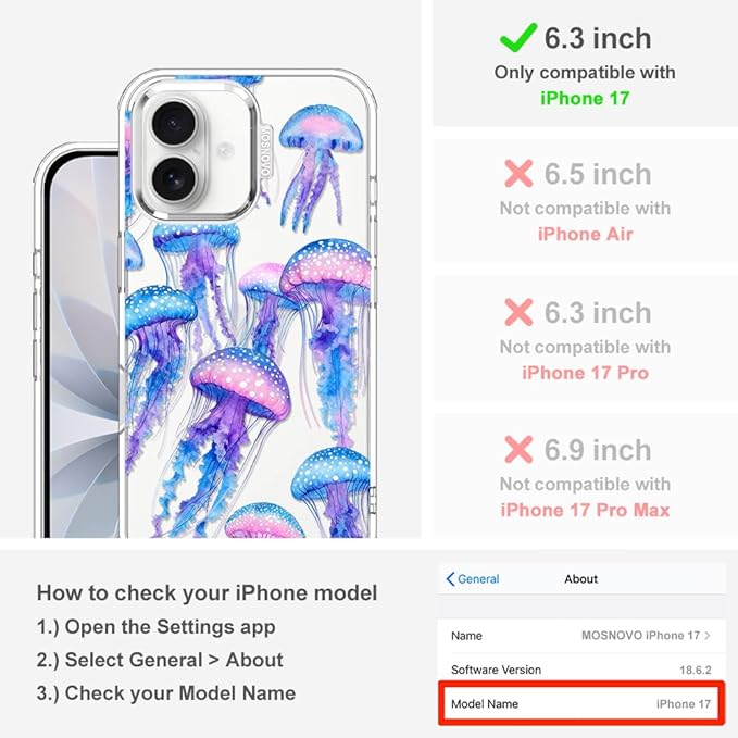 MOSNOVO for iPhone 17 Case, Shockproof Military-Grade Protection 6.6ft Drop Tested, Camera Control, Clear Phone Case for iPhone 17, Mystic Jellyfish Design