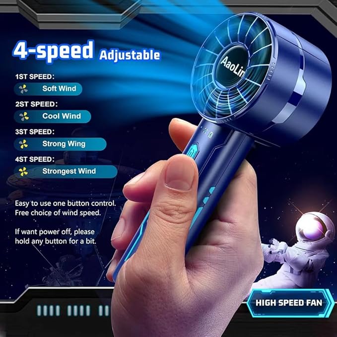 2pcs portable handheld fan personal fan portable neck fan small rechargeable fan usb mini small fan high speed motor lasts 4-16 hours 4-speed lanyard fan for summer outdoor travel children (G2-Blue)