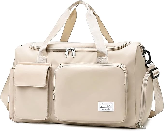 Suruid Sports Gym Bag with Shoes Compartment Travel Duffel Bag with Dry Wet Separated Pocket for Men and Women, Overnight Bag Weekender Bag Training Handbag Yoga Bag - Off White