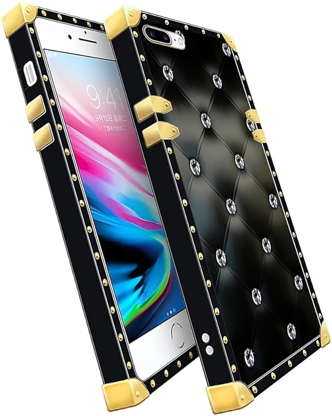 Compatible with iPhone 8 Plus 7 Plus Case, Shiny Black Sofa Crystal Luxury Golden Decoration for Girl Women Soft TPU Shockproof Protective Hard PC Back for iPhone 8 Plus 7 Plus