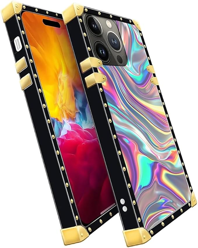 Compatible with iPhone 15 Pro Max Case, Holographic Abstract Iridescent Textures Luxury Golden Decoration for Girl Women Soft TPU Shockproof Protective Hard PC Back