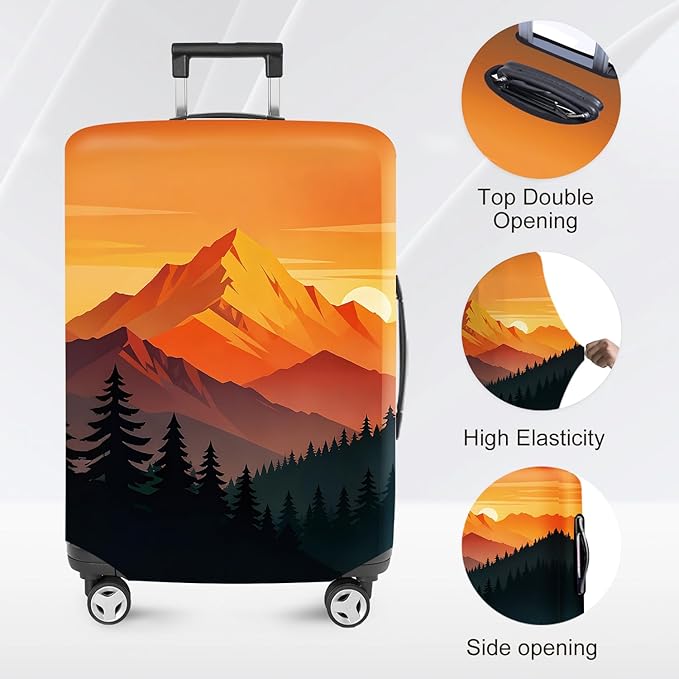 Retro Mountain Landscape Sunset Travel Luggage Cover -Stretchable Airplane Suitcase Protector Sleeve,Universal Washable Fit for 20-37 Inch Checked Baggage,Water Resistant Durable Luggage Protector