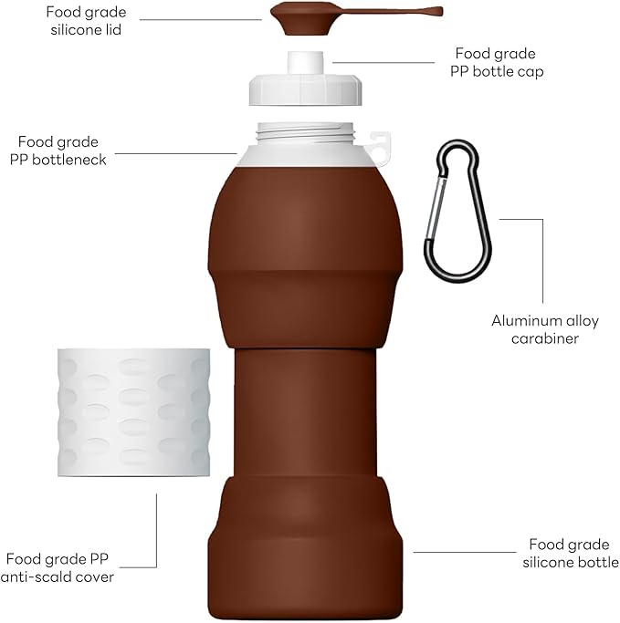 Collapsible Lightweight 20oz Water Bottle, Food-Grade Silicone BPA Free, Foldable Portable Leak Proof Office Travel Cycling Sports Outdoor Water Bottle with Vertical Hook (brown, Short nozzle)