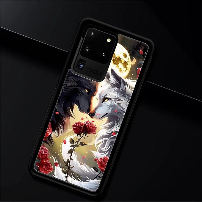 for Samsung Galaxy S20 Ultra Case, Black White Wolf Moon Flower Rose Pattern Graphic Design Girl Boy Soft Silicone Hard Acrylic Shock Protection for Samsung Galaxy S20 Ultra