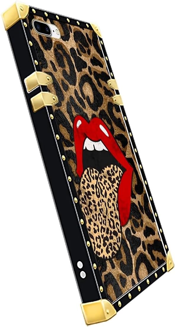 Compatible with iPhone 8 Plus 7 Plus Case, Brown Leopard Print Mouth Luxury Golden Decoration for Girl Women Soft TPU Shockproof Protective Hard PC Back for iPhone 8 Plus 7 Plus