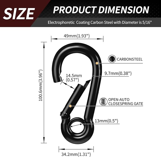 Spring Snap Hooks, Black Carabiner Clip, Heavy Duty Rope Connector, Quick Link Carabiners Spring Snap Hooks for Indoor & Outdoor, Camping, Fishing