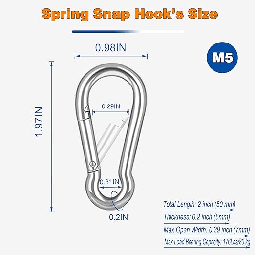 60PCS M5 Heavy Duty Carabiner Clip, 2Inch Snap Hook Quick Link Small Carabiner Clips,Spring Link Buckle for Fishing Camping Hammock Dog Leashes-220LBS Holding Capacity (Silver)