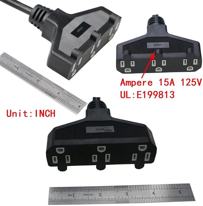 3 Outlet Extension Power Cord 105℃ Temperature Resistant Waterproof Cable 14AWG 15A 3 Prong Heavy Duty Outdoor Extension Cord,10Feet(3.1Meters,Black)