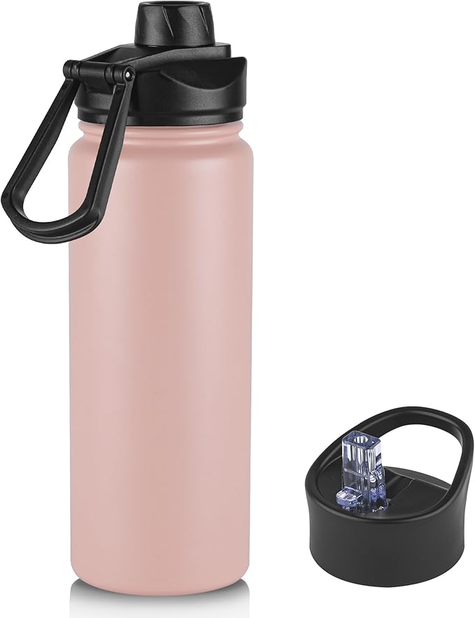 VEGOND 40 oz Insulated Water Bottle Stainless Steel Metal Water Bottles with Leak Proof Straw Lid & Spout Lid, Wide Mouth Double Walled Vacuum Travel Sports Bottle,Pink