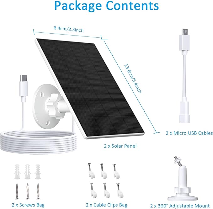 2W Solar Panel for Security Camera Outdoor, USB/USB-C Charger with IP65 Waterproof, 360° Adjustable Mount & 7.2ft Cable, Compatible with Rechargeable Battery Cameras (2 Pack, White)