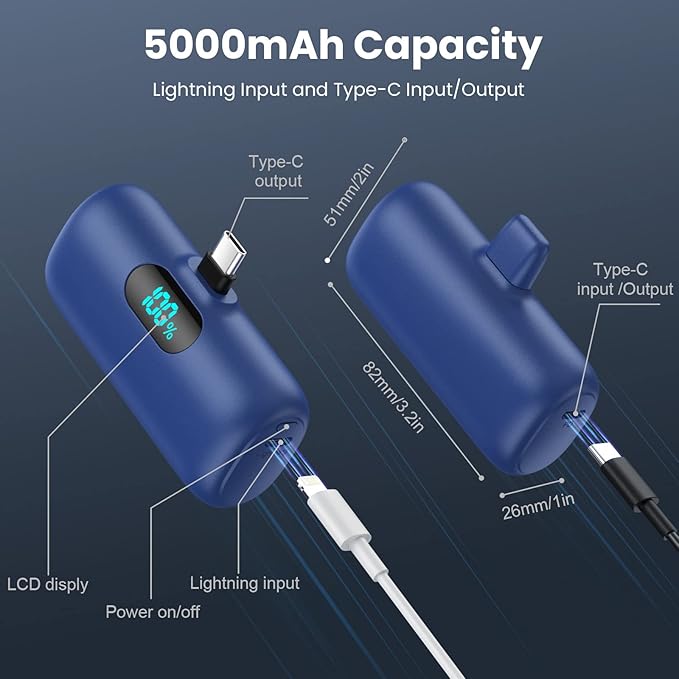 Feob Mini Portable Charger 5000mAh Power Bank,15W PD USB C Cell Phone Portable Power,LCD Display Battery Pack Compatible with iPhone 17/Air/17 Pro/17Pro Max/16/15 Android/Samsung/Moto(Type-C Only)