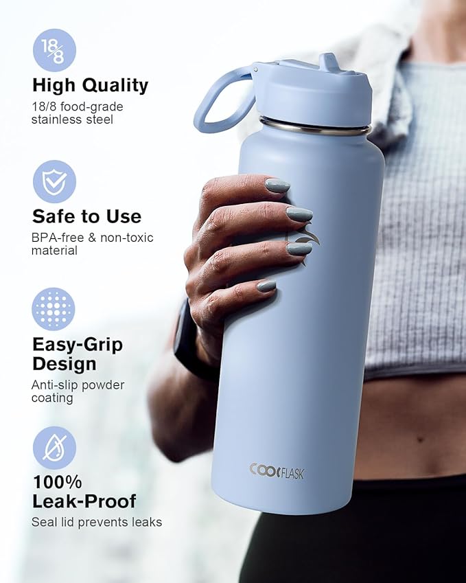 Water Bottle 40 oz Insulated with Straw&Brush, Coolflask Vaccum Stainless Steel Metal 3 Lids Water Flask for Sports, Gym or Office, Keep Cold 48H Hot 24H, Light Blue
