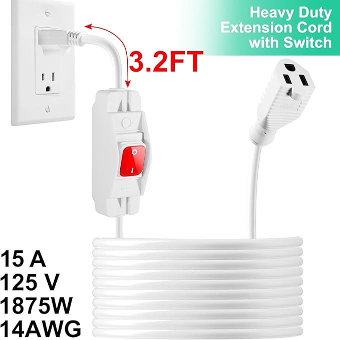 Outdoor Waterproof On/Off Switch Extension Cord, Heavy Duty 125v/250v Black SJTW Cord (35 Ft, White)