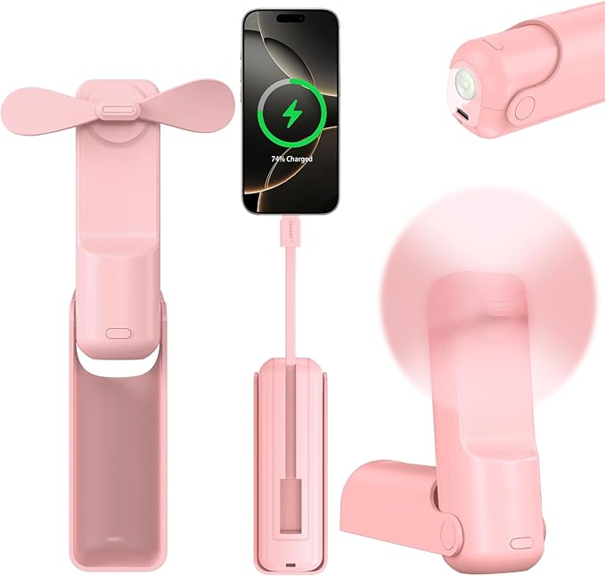 Portable Handheld Personal Fan, 4 IN 1 USB-C Rechargeable Mini Eyelash Fans with 4500mAh Battery [26H Runtime], Flashlight, Lanyard for Disney World,Travel，Summer，Concerts, Pink