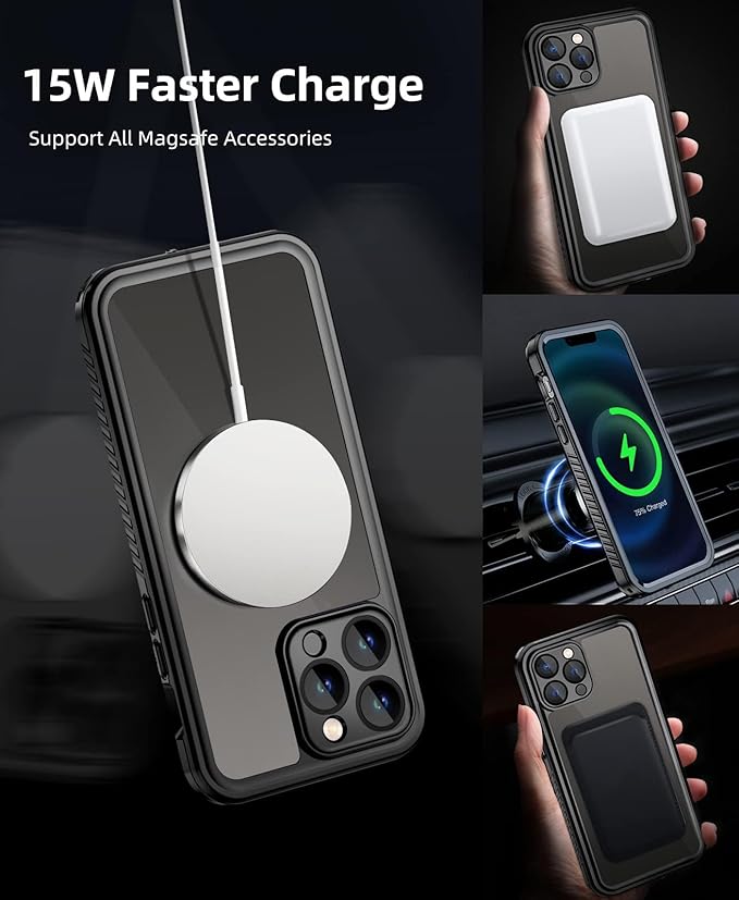 Beeasy for iPhone 14 Pro Waterproof Case with Magsafe IP68 Underwater Military Grade, Phone Case with Shockproof, Dustproof, Rugged 360 Full Body Protection Cover with Built-in Screen Protector Black