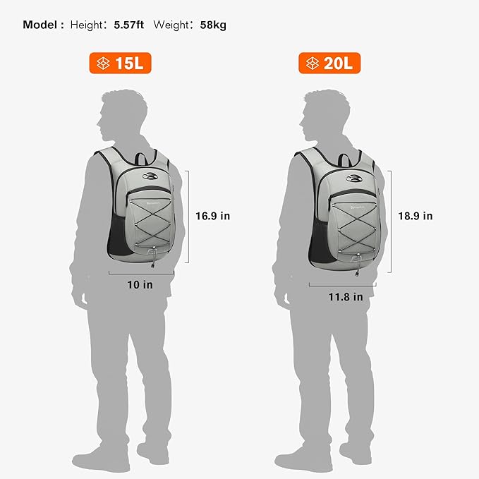 Ultra-Light Soft Daypack 15L/20L, Cushioned Breathable Back Panel Backpack, Lightweight Packable Travel Backpack (Gray, 20L)