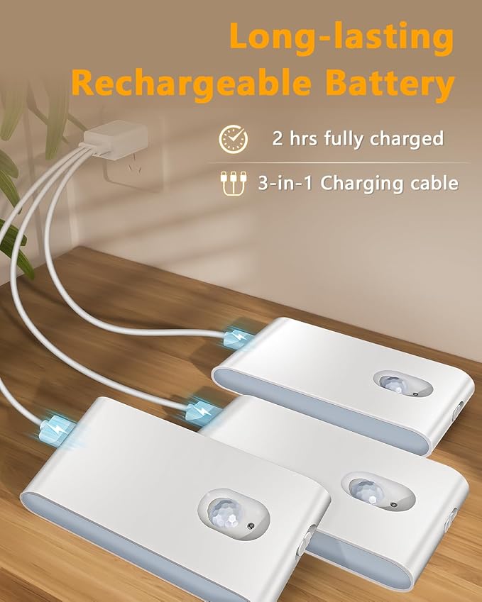 WILLED Rechargeable Night Lights, Warm White Motion Sensor Night Lights, Wireless Stair Lights Indoor for Stairway, Hallway, Kitchen, Closet, Cabinet, Bedroom, Kids' Room(8-Pack)