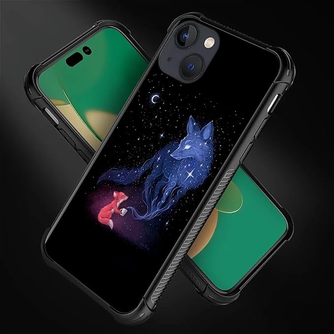 for iPhone 14 Case, Galaxy Fox Wolf Pattern Graphic Design Girl Boy Soft Silicone Hard Acrylic Shock Protection for iPhone 14