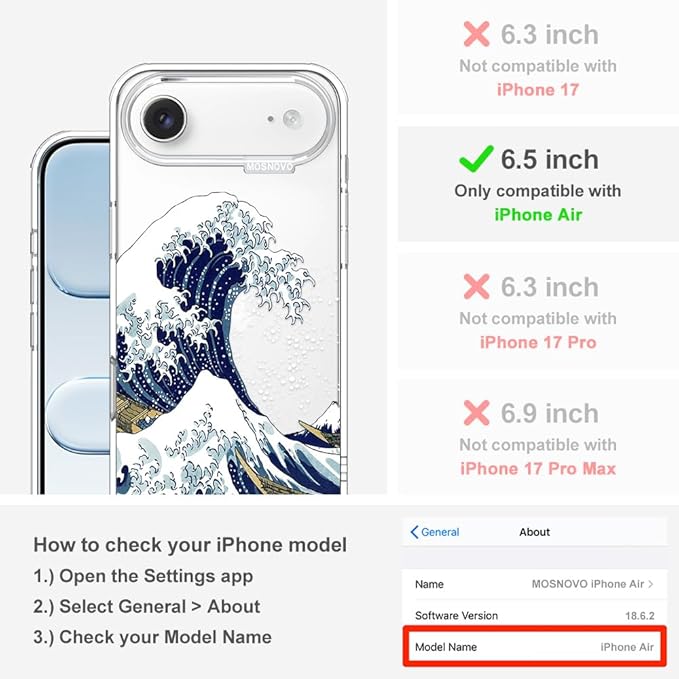 MOSNOVO for iPhone Air Case | Military Grade 6.6ft Drop Tested | Camera Control | Clear with Great Wave Design